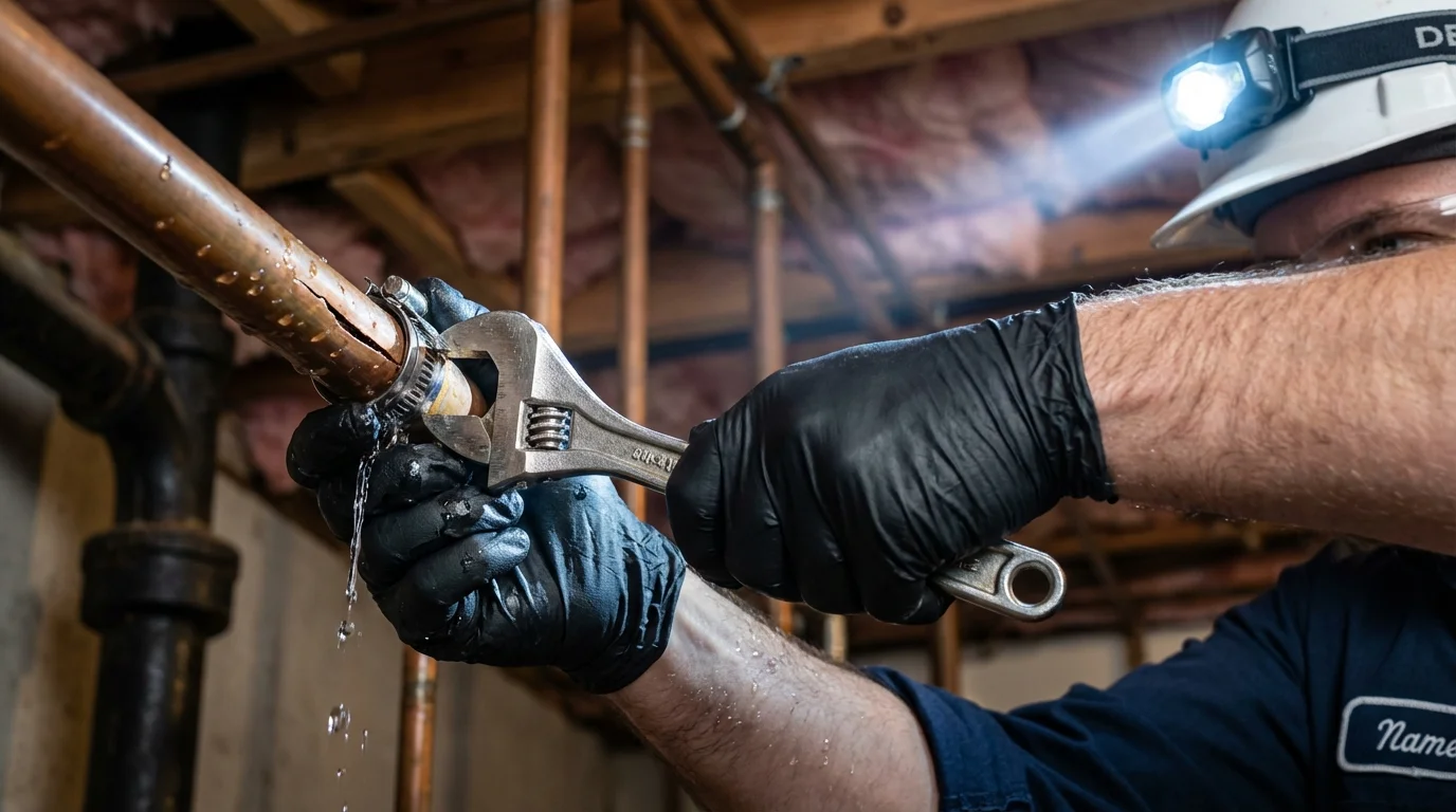 Emergency pipe clamp repair being performed by a Johns Plumbing LLC plumber in Scotland Neck