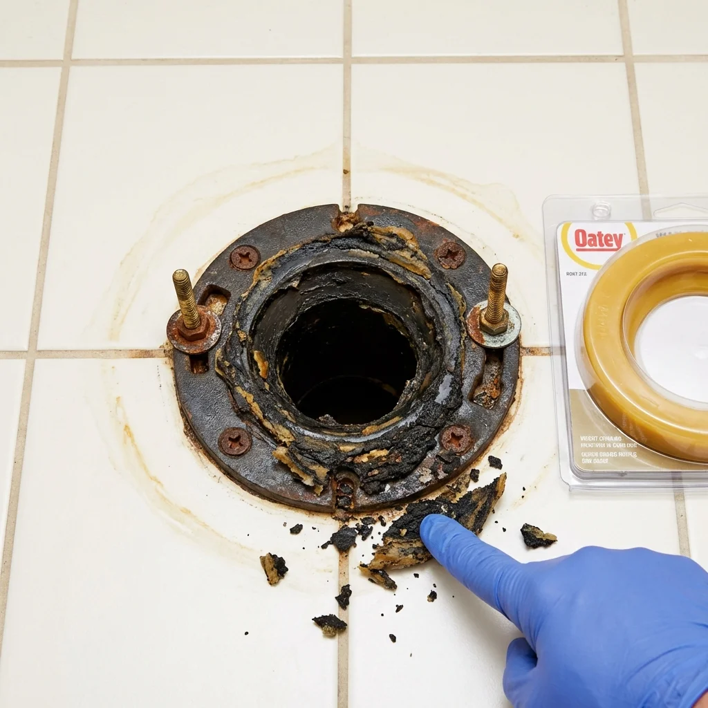 Failed wax ring showing water seepage at the base of a toilet in a Scotland Neck, NC home