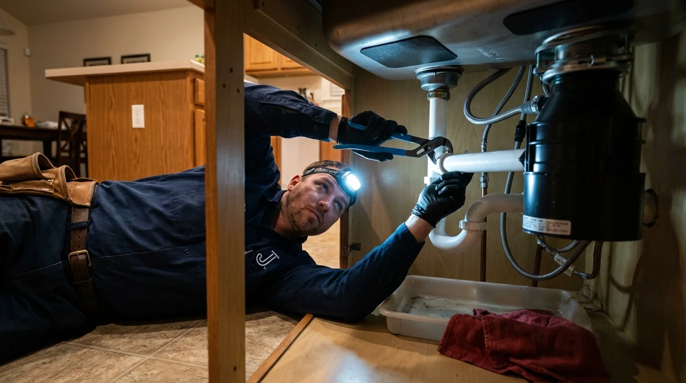 P-trap and supply line connections under a kitchen sink showing a common leak point in Scotland Neck, NC